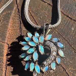 Vintage Opal Pendant Sterling Silver Heart Necklace